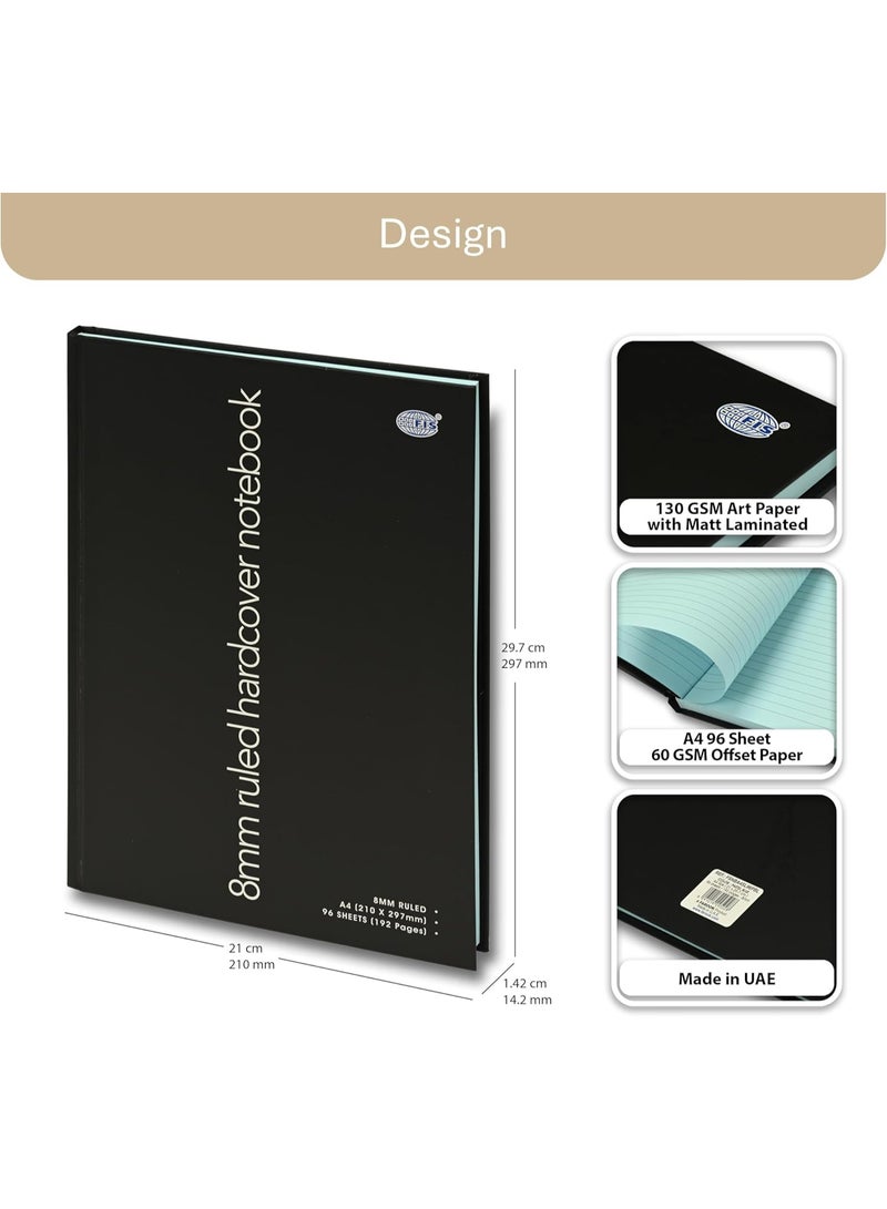 FIS Hard Cover Notebook, Glued Binding, A4 Size(210x297mm), 96 Sheets, 192 Pages, Pastel Blue Color Paper with 8mm Single Ruled, Packet of 5 Pieces, Black Cover Design-FSNBA4SL96PBL - Image 2
